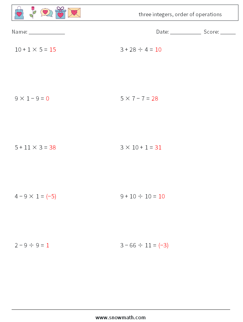 three integers, order of operations Math Worksheets 1 Question, Answer