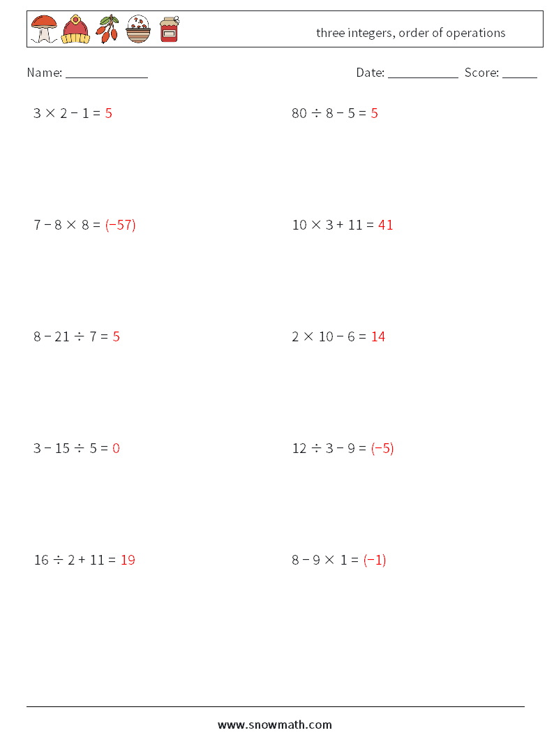 three integers, order of operations Math Worksheets 2 Question, Answer