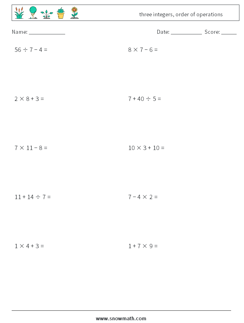 three integers, order of operations Maths Worksheets 3