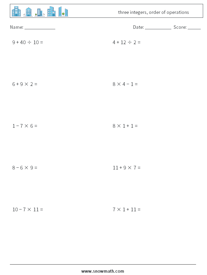 three integers, order of operations Maths Worksheets 4