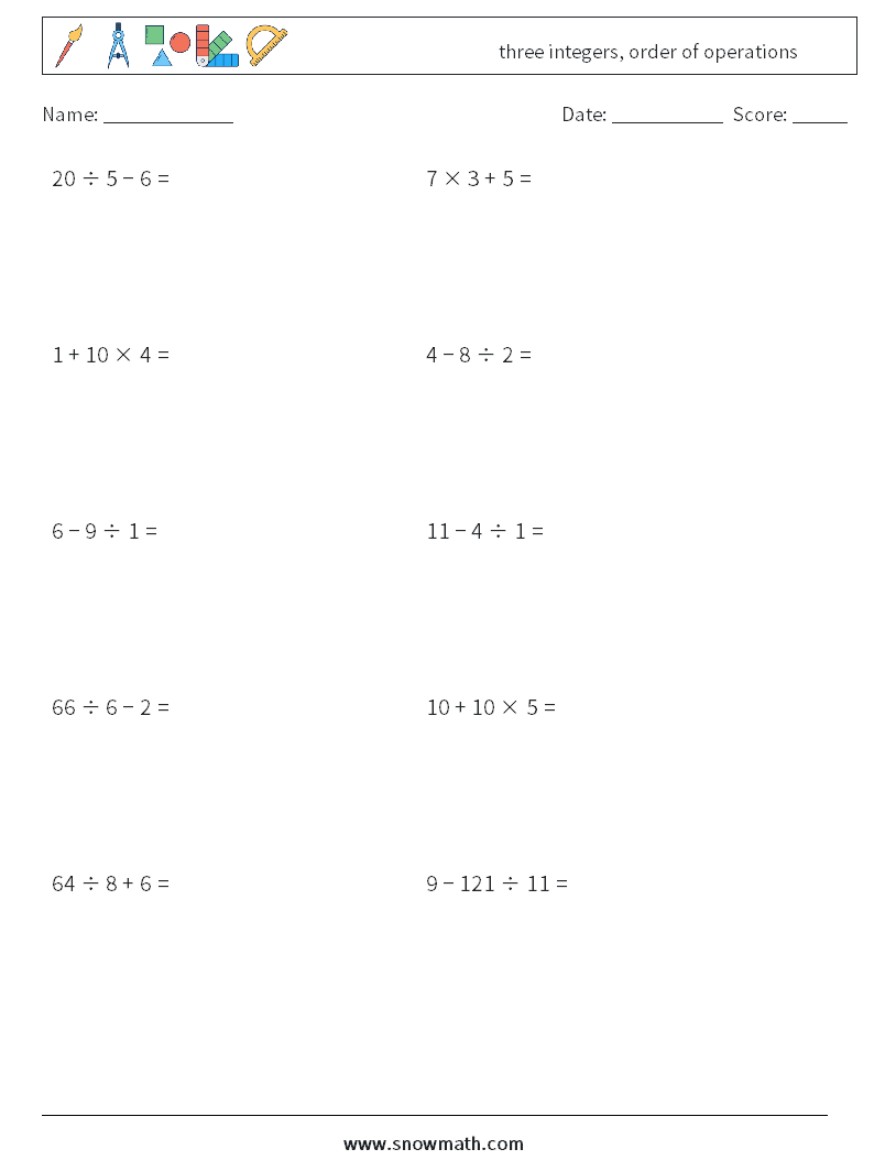 three integers, order of operations Math Worksheets 5