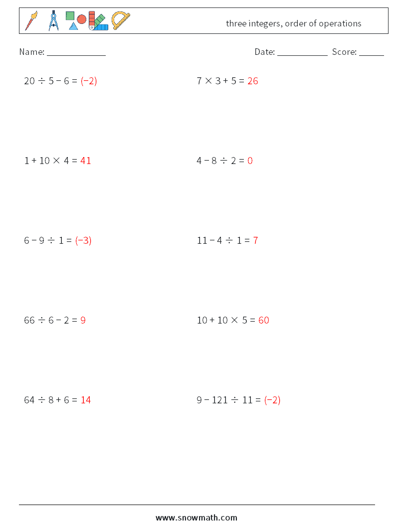 three integers, order of operations Math Worksheets 5 Question, Answer