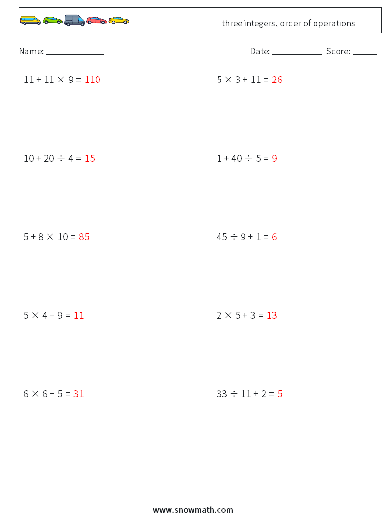 three integers, order of operations Math Worksheets 8 Question, Answer