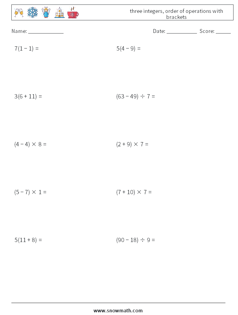 three integers, order of operations with brackets Maths Worksheets 1