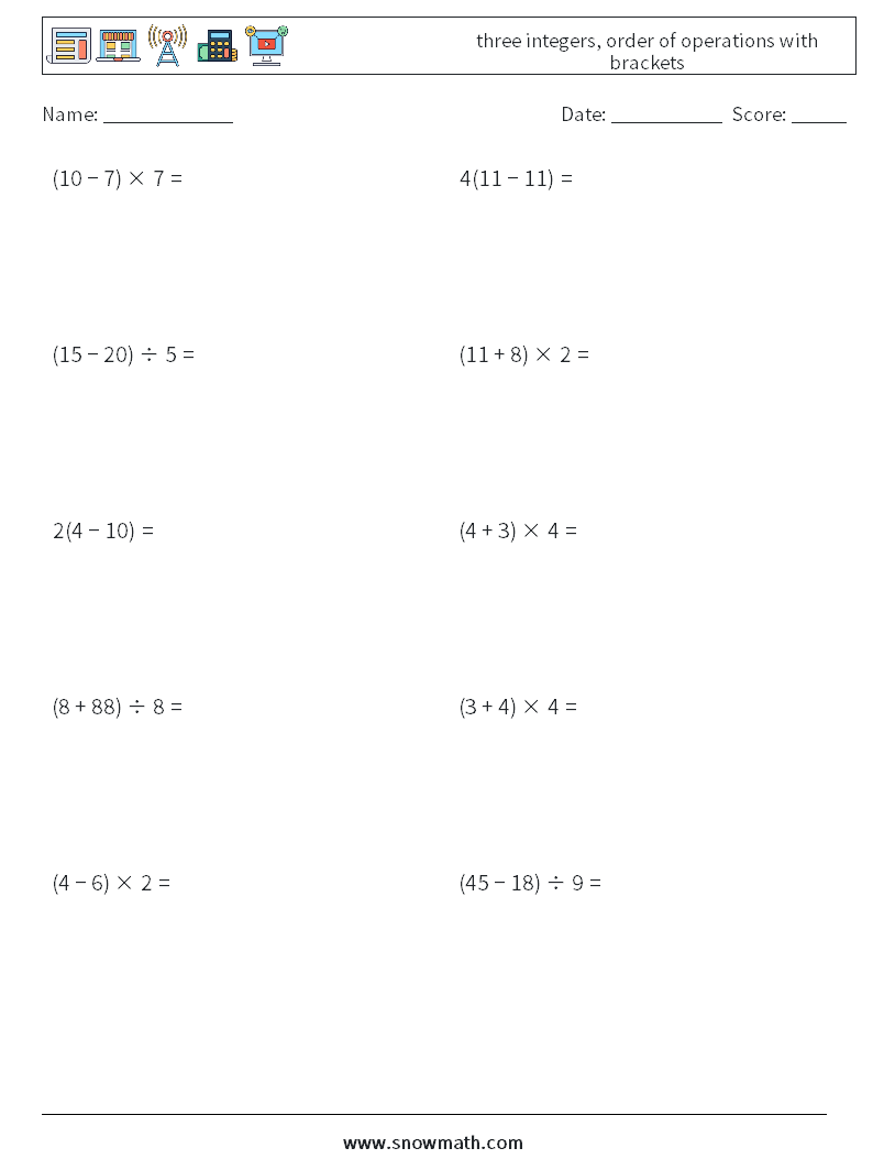 three integers, order of operations with brackets Maths Worksheets 10