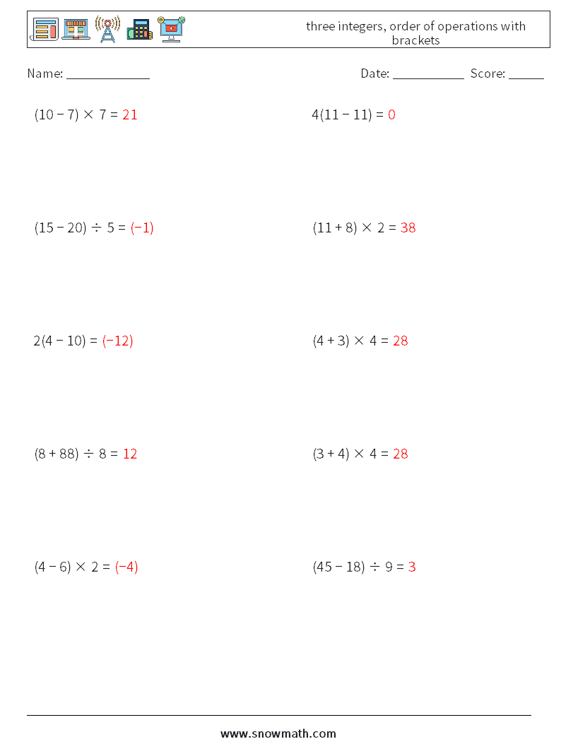 three integers, order of operations with brackets Math Worksheets 10 Question, Answer