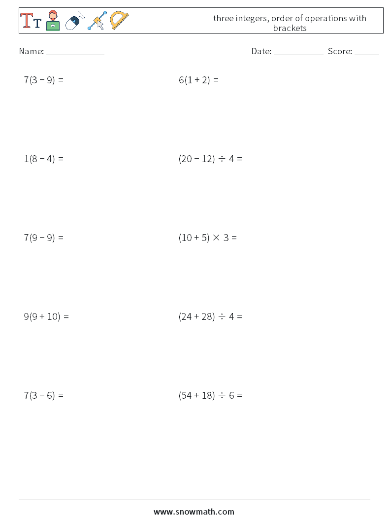 three integers, order of operations with brackets Math Worksheets 11