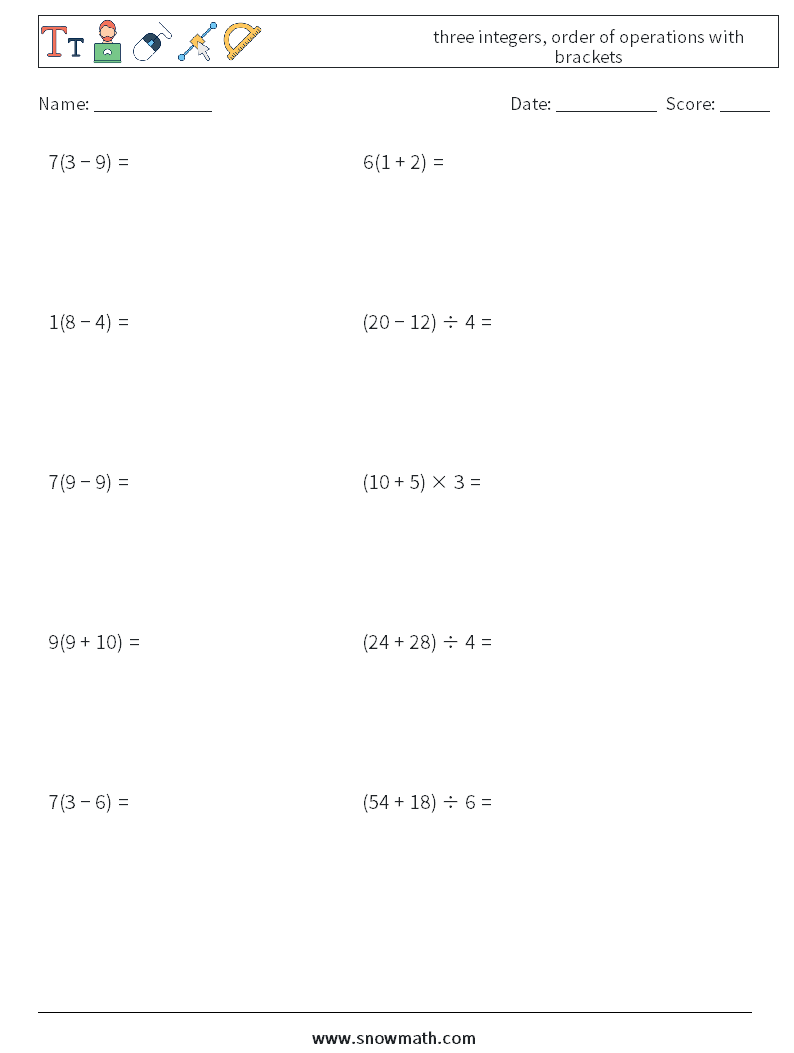 three integers, order of operations with brackets Maths Worksheets 11