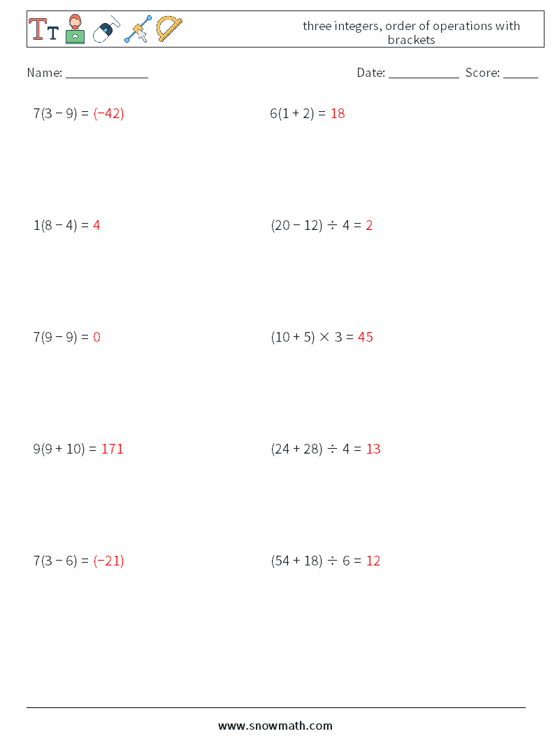 three integers, order of operations with brackets Math Worksheets 11 Question, Answer