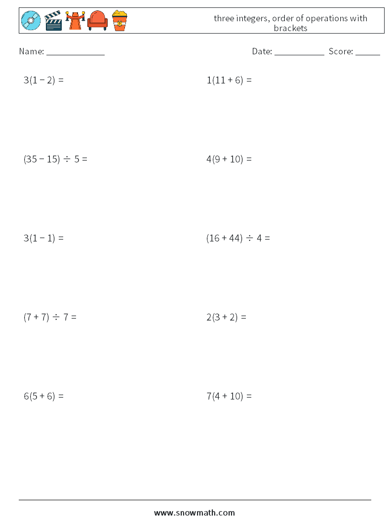 three integers, order of operations with brackets Math Worksheets 12