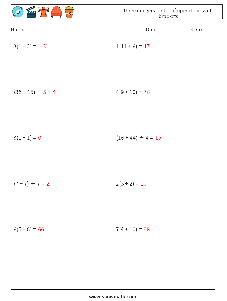 three integers, order of operations with brackets Math Worksheets 12 Question, Answer