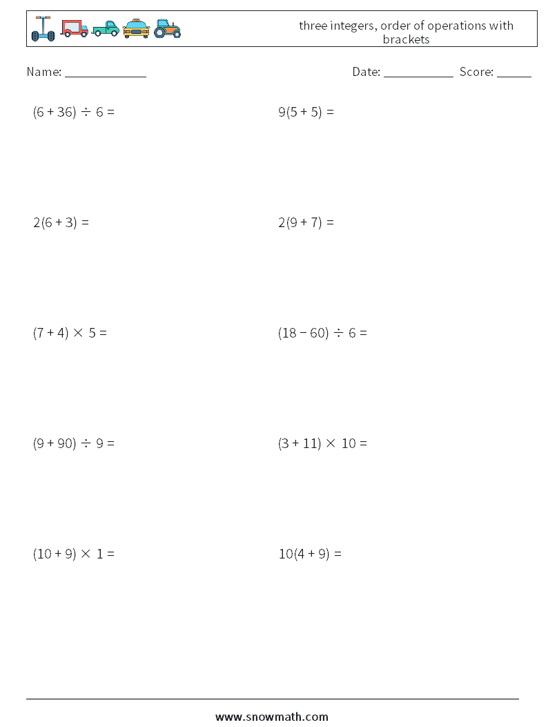 three integers, order of operations with brackets Math Worksheets 13