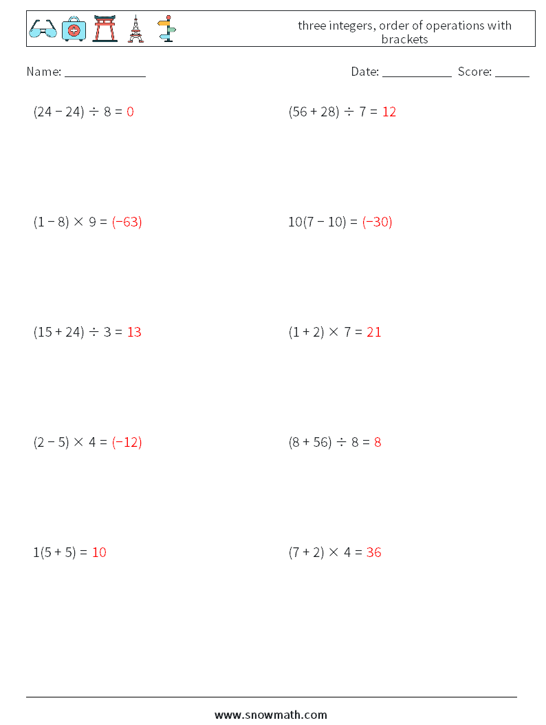 three integers, order of operations with brackets Math Worksheets 14 Question, Answer
