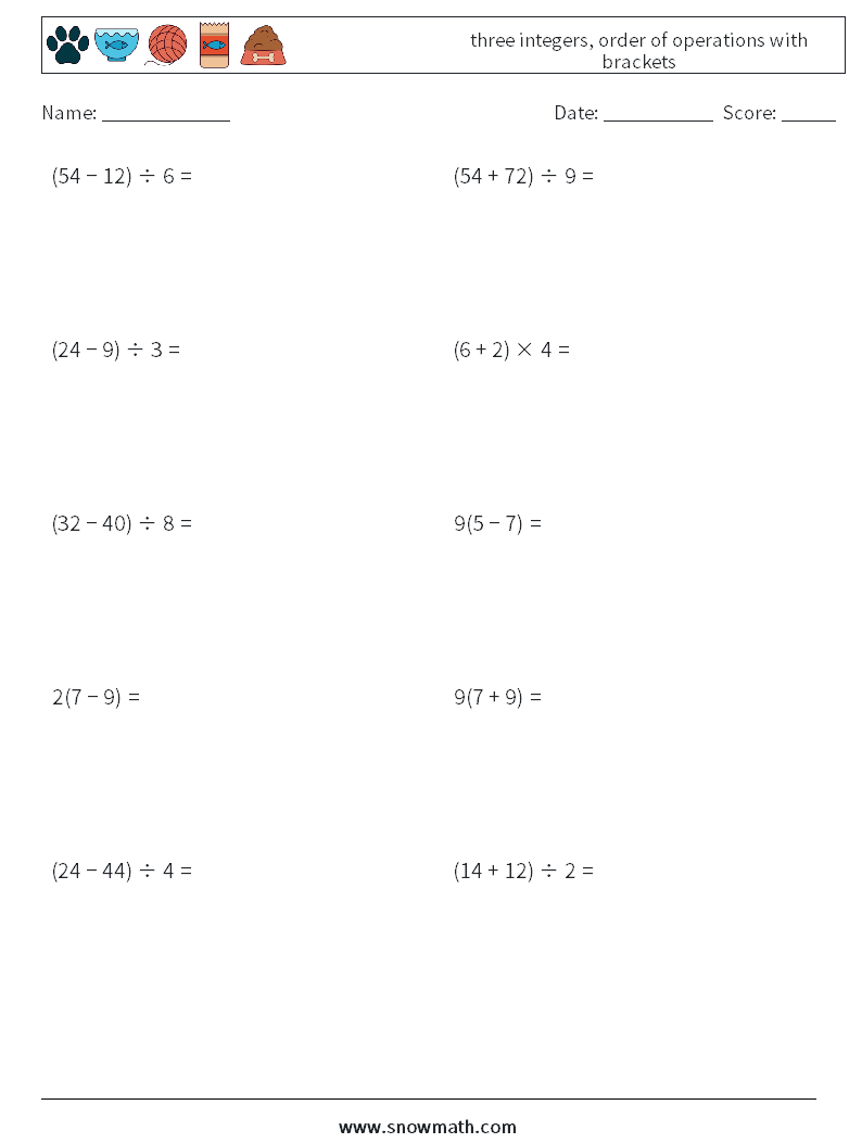 three integers, order of operations with brackets Math Worksheets 15