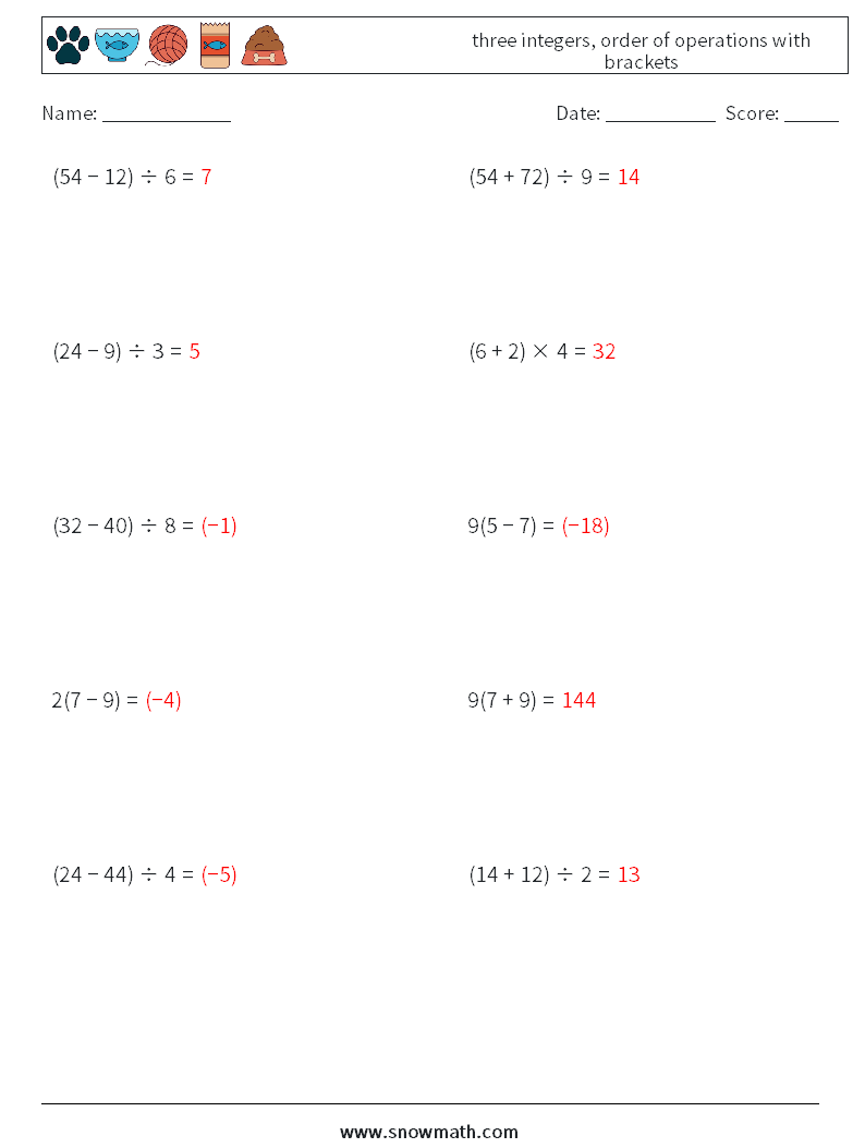 three integers, order of operations with brackets Math Worksheets 15 Question, Answer