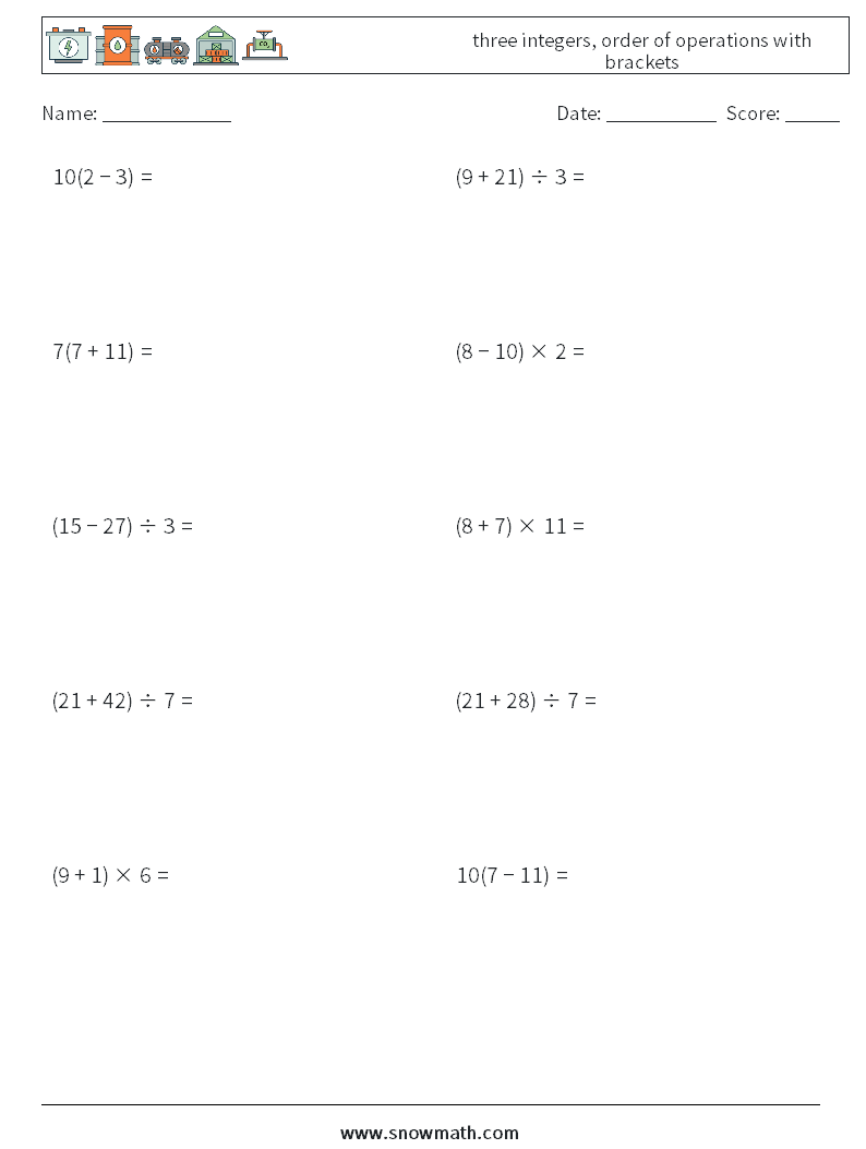 three integers, order of operations with brackets Math Worksheets 16