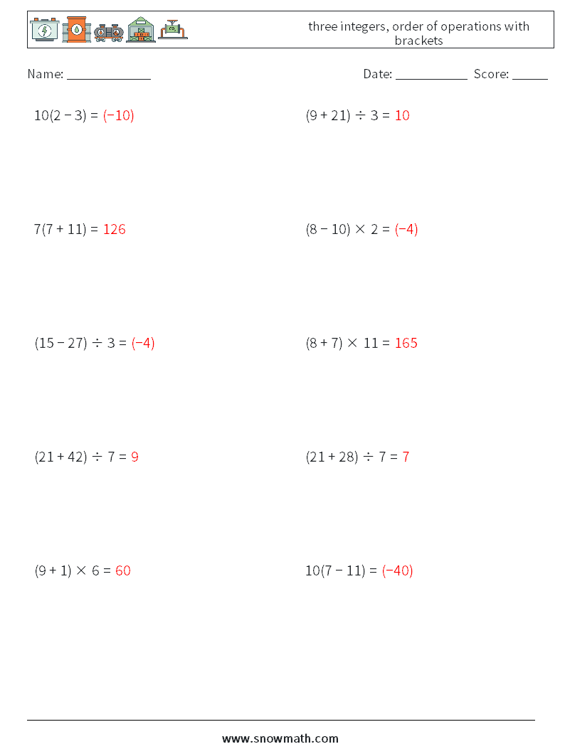 three integers, order of operations with brackets Math Worksheets 16 Question, Answer