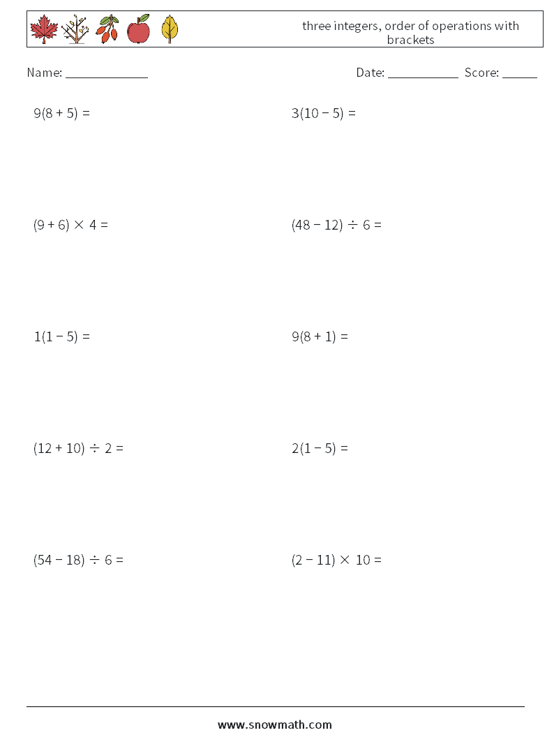 three integers, order of operations with brackets Maths Worksheets 17