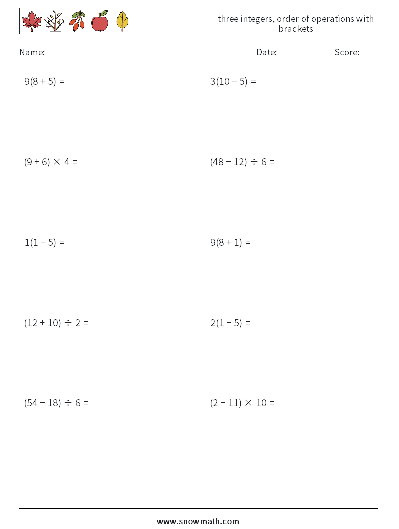 three integers, order of operations with brackets Math Worksheets 17