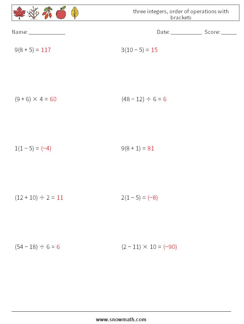 three integers, order of operations with brackets Math Worksheets 17 Question, Answer