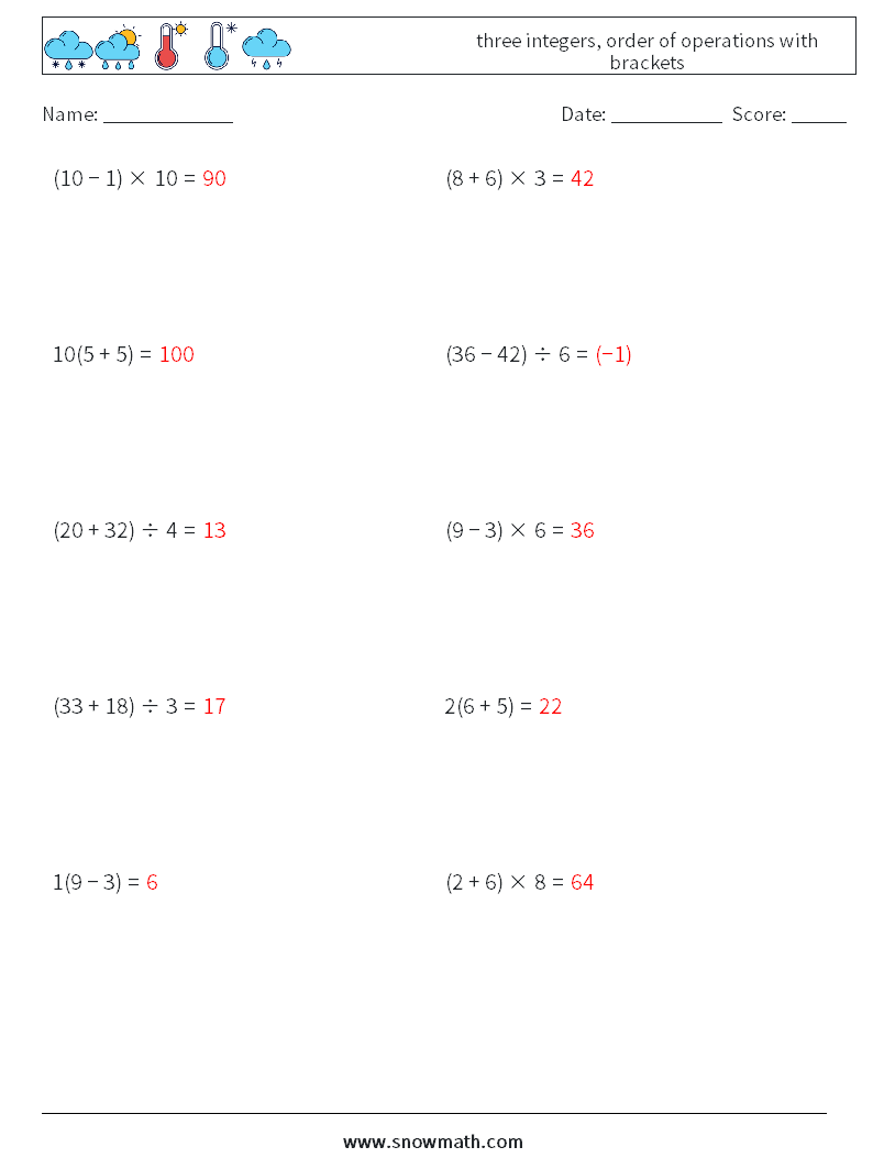 three integers, order of operations with brackets Math Worksheets 18 Question, Answer