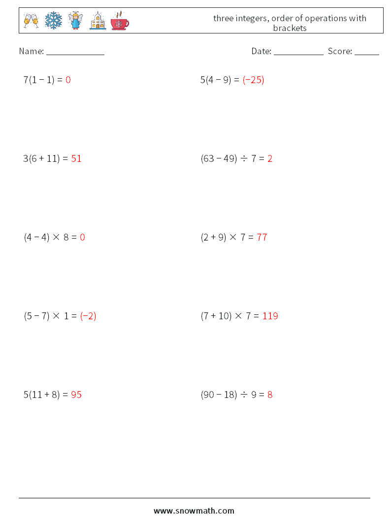 three integers, order of operations with brackets Math Worksheets 1 Question, Answer