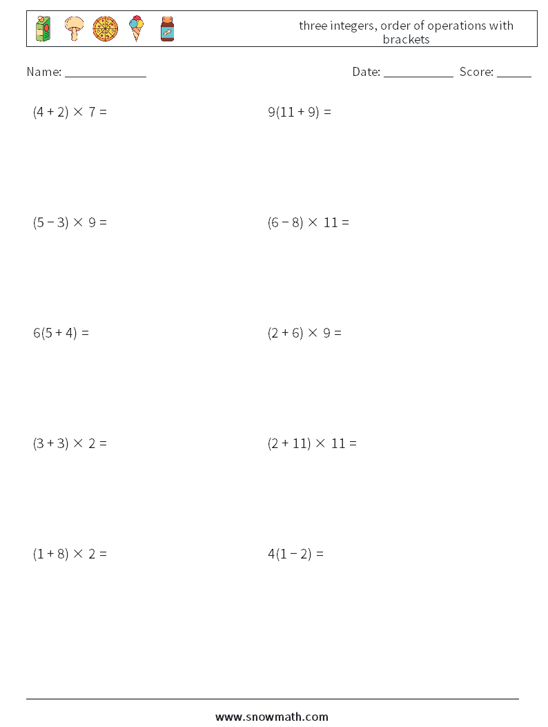 three integers, order of operations with brackets Math Worksheets 2