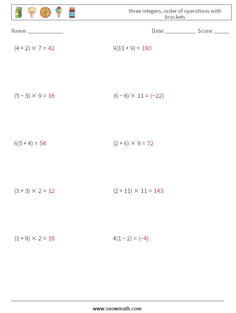 three integers, order of operations with brackets Math Worksheets 2 Question, Answer