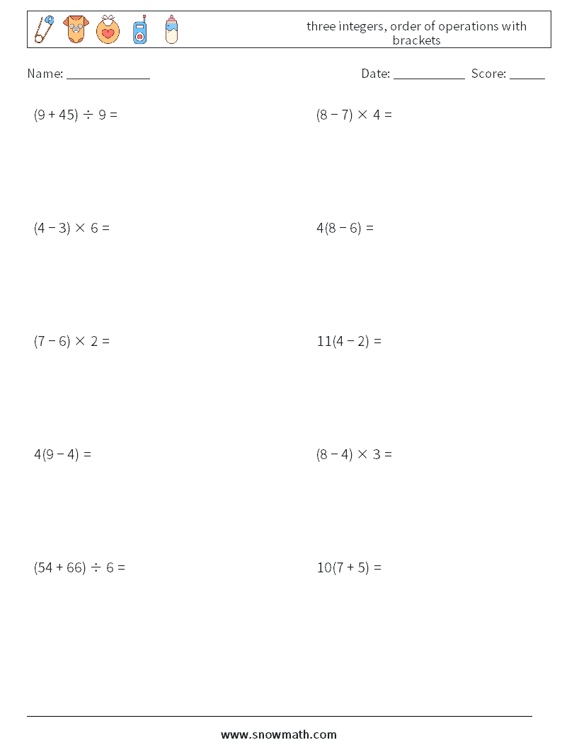 three integers, order of operations with brackets Math Worksheets 4