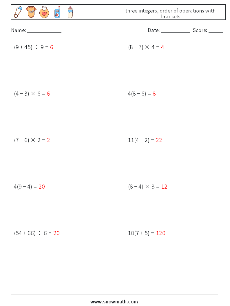 three integers, order of operations with brackets Math Worksheets 4 Question, Answer