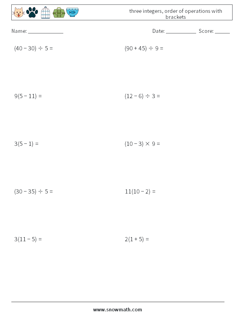three integers, order of operations with brackets Maths Worksheets 5