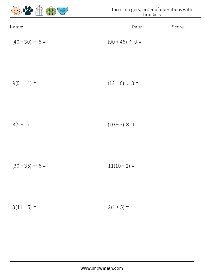 three integers, order of operations with brackets Math Worksheets 5