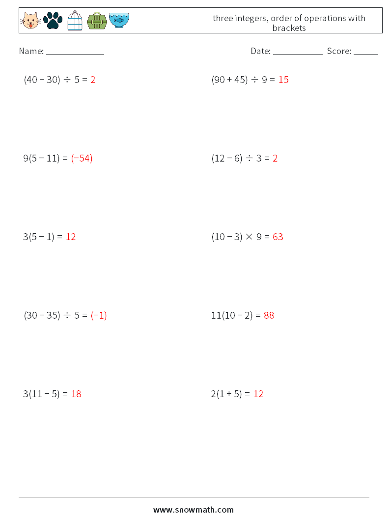 three integers, order of operations with brackets Math Worksheets 5 Question, Answer