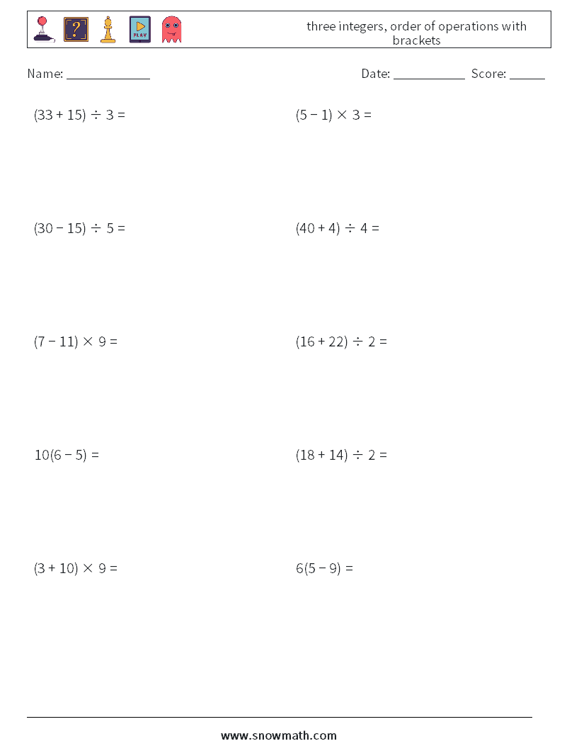 three integers, order of operations with brackets Math Worksheets 6