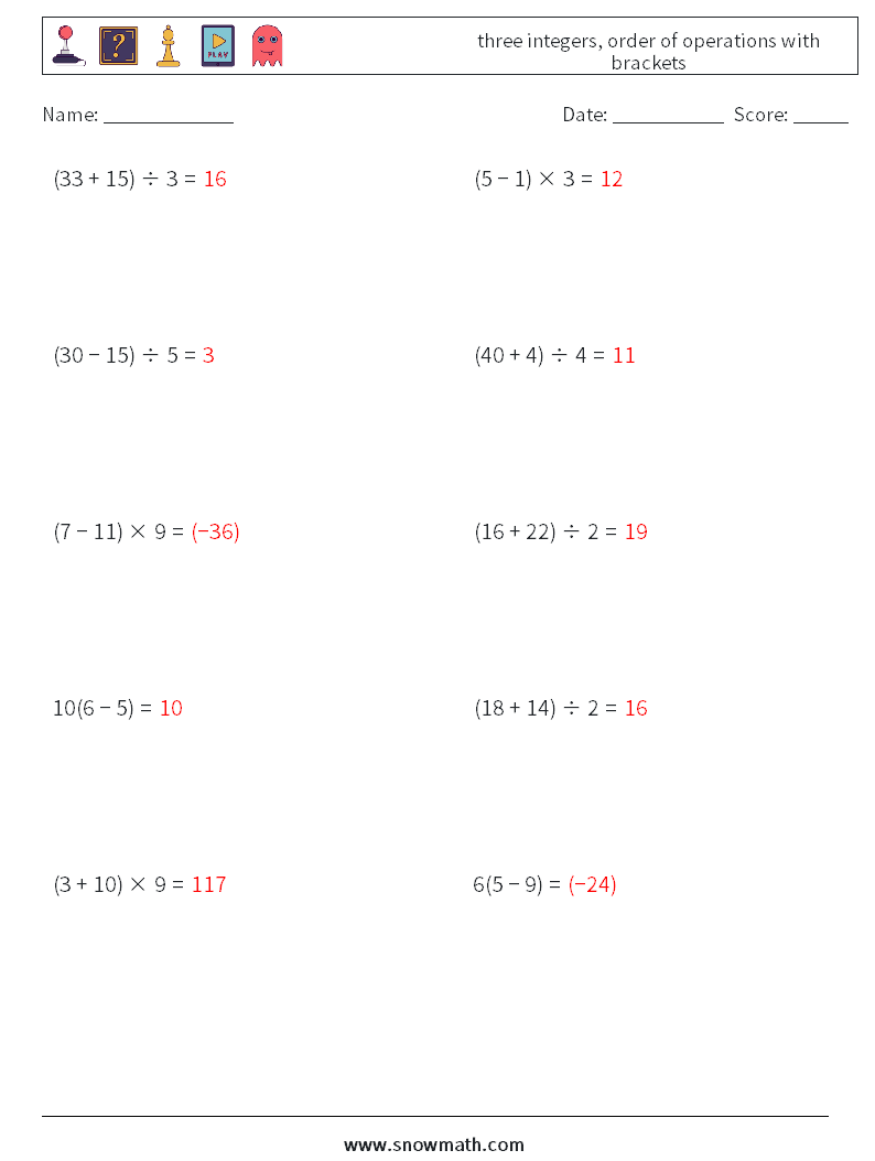 three integers, order of operations with brackets Math Worksheets 6 Question, Answer