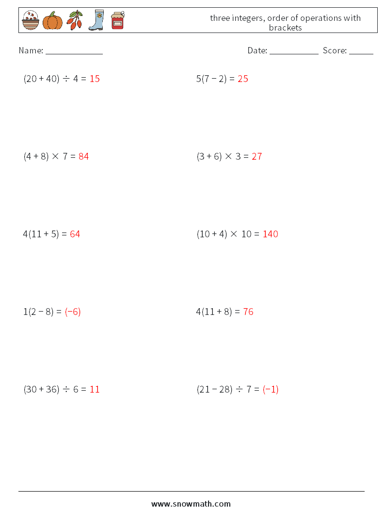 three integers, order of operations with brackets Math Worksheets 7 Question, Answer