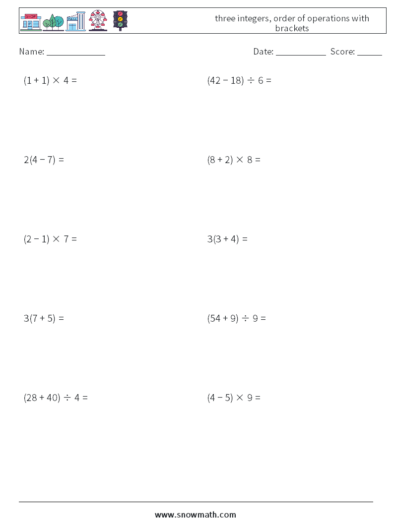 three integers, order of operations with brackets Math Worksheets 8