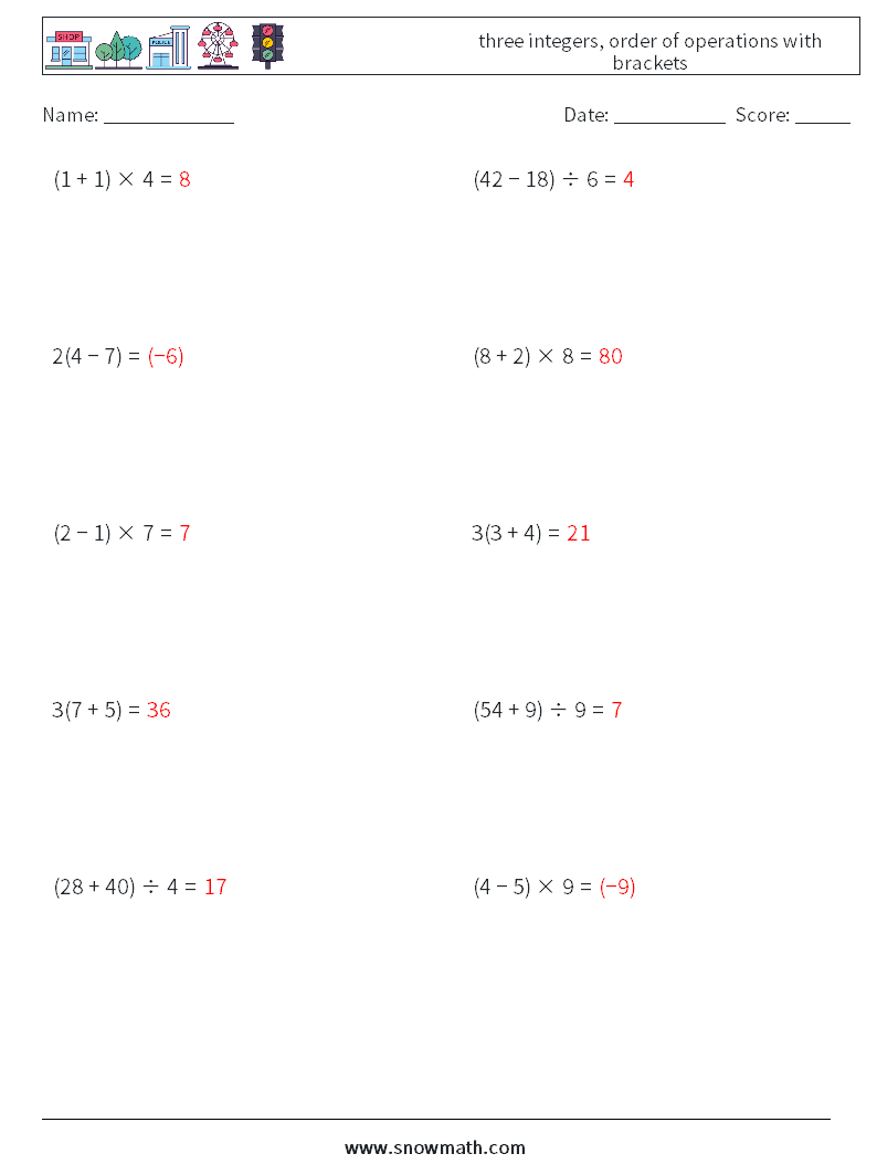 three integers, order of operations with brackets Math Worksheets 8 Question, Answer