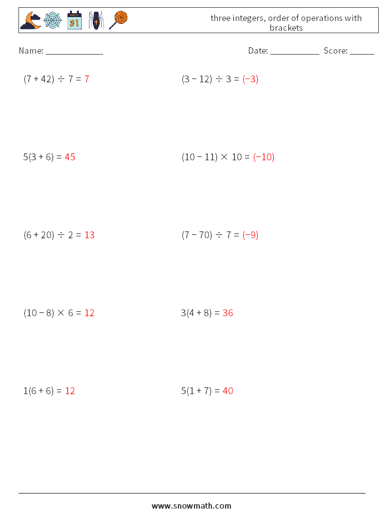 three integers, order of operations with brackets Math Worksheets 9 Question, Answer