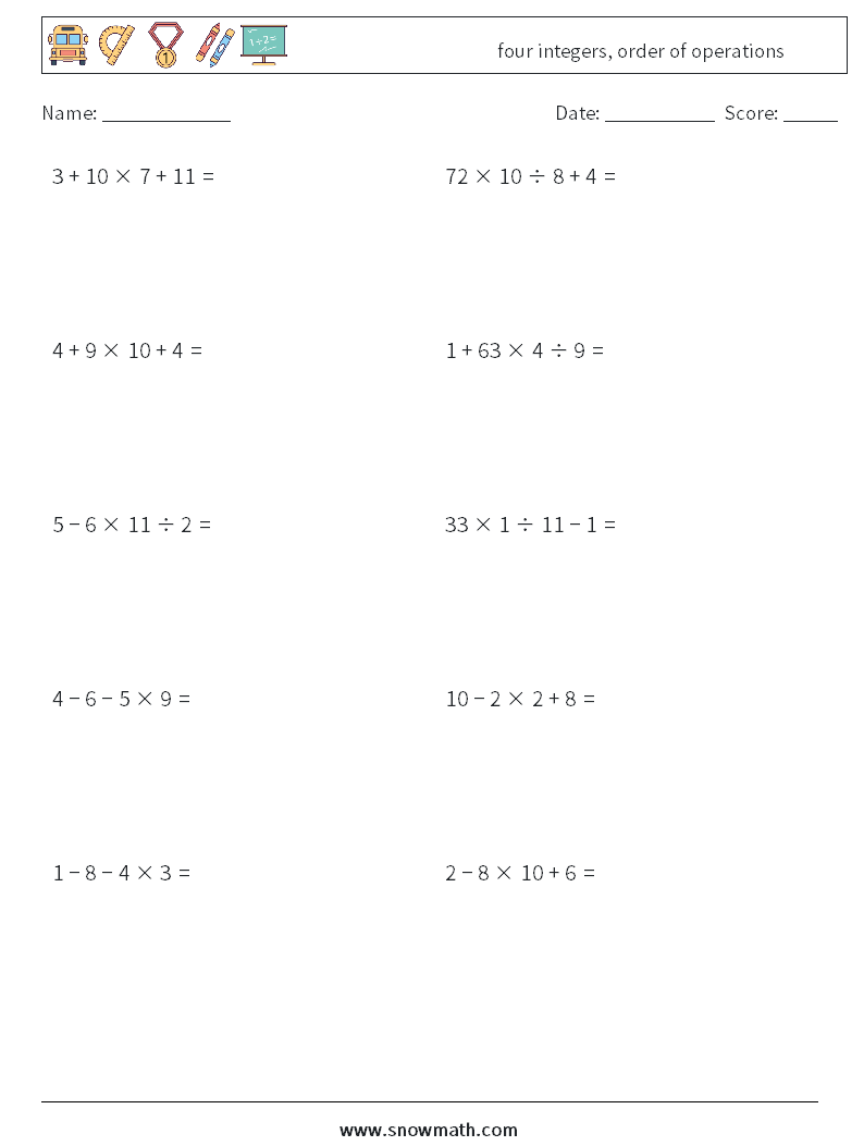 four integers, order of operations Math Worksheets 11