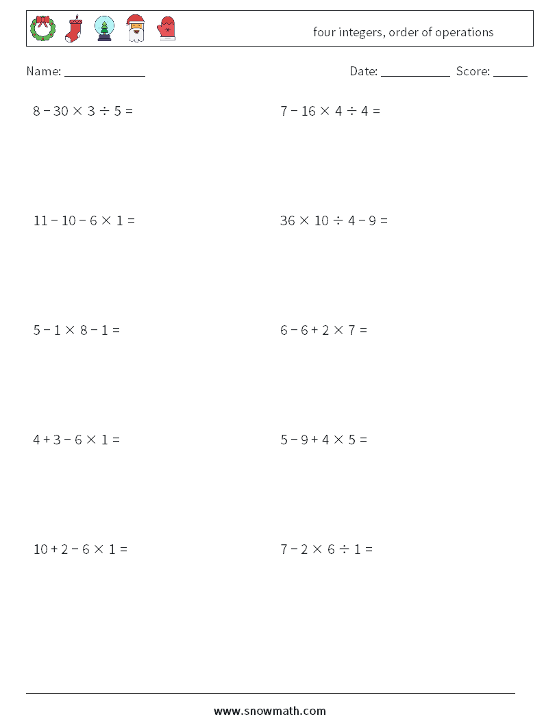 four integers, order of operations Maths Worksheets 13