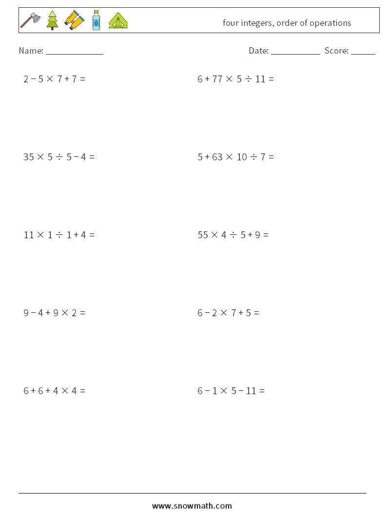 four integers, order of operations Math Worksheets 14