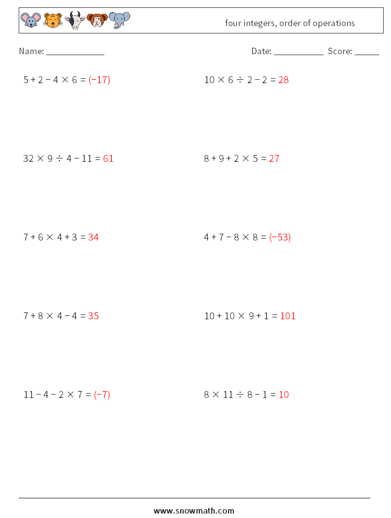 four integers, order of operations Math Worksheets 17 Question, Answer