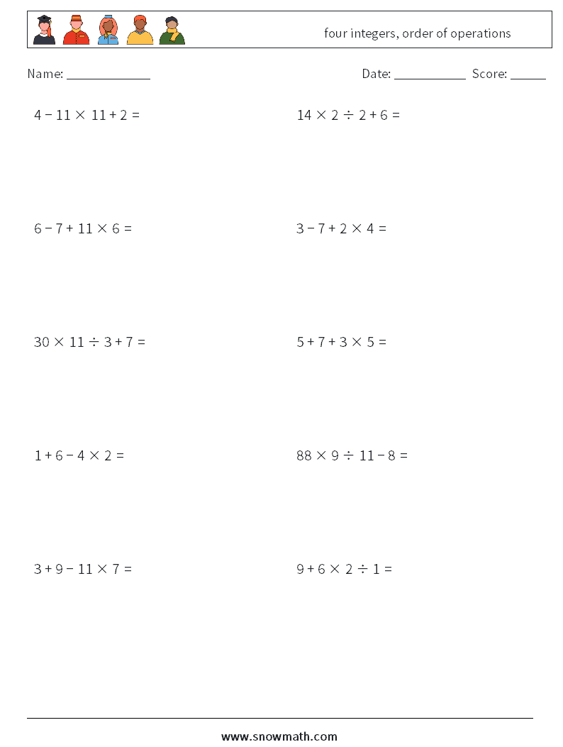 four integers, order of operations Math Worksheets 3