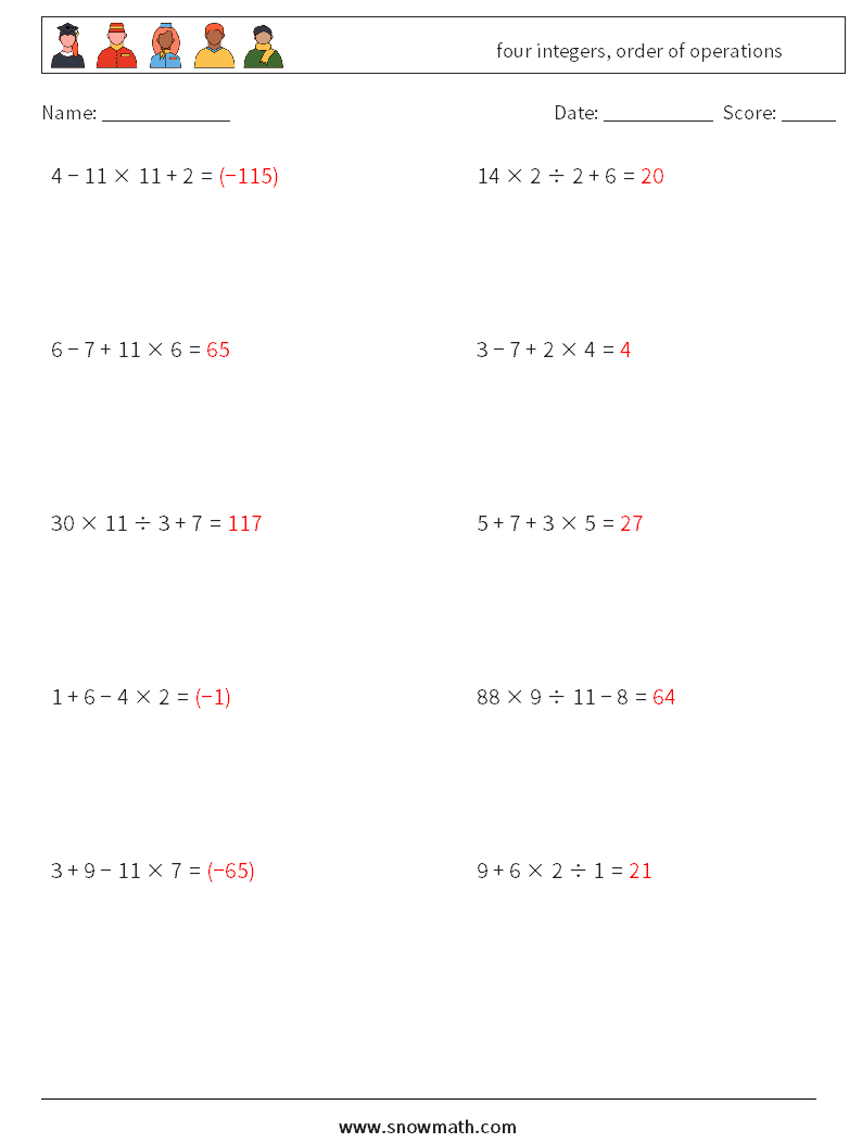 four integers, order of operations Math Worksheets 3 Question, Answer