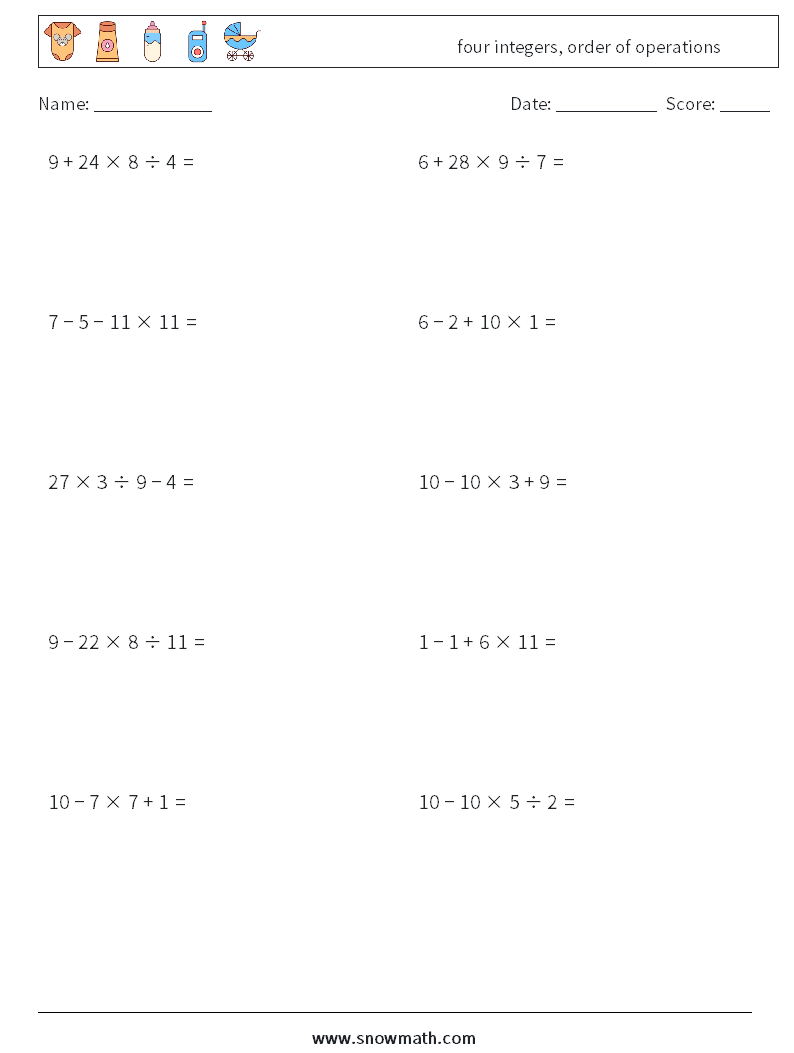 four integers, order of operations Math Worksheets 4