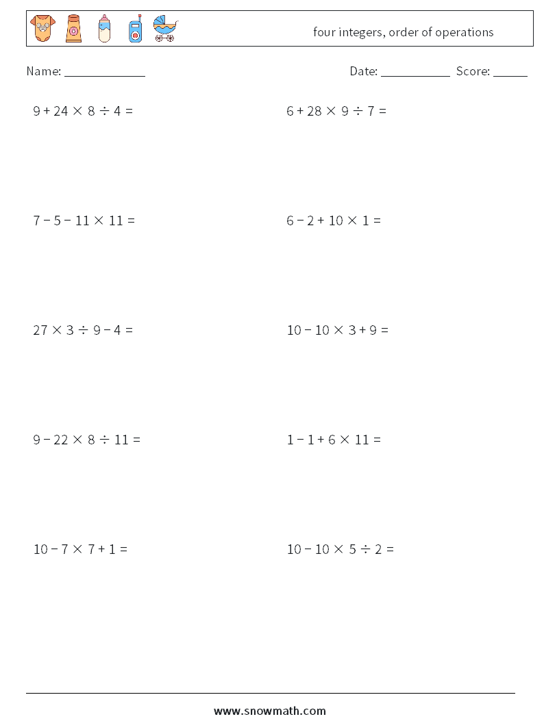 four integers, order of operations Maths Worksheets 4