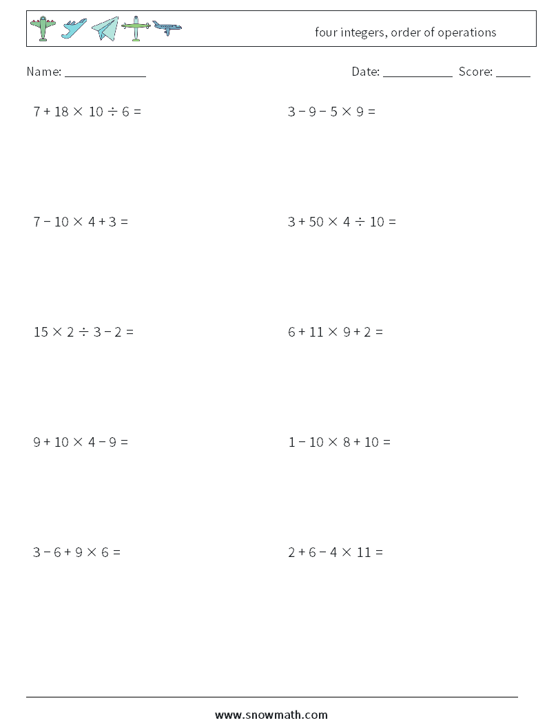 four integers, order of operations Math Worksheets 7