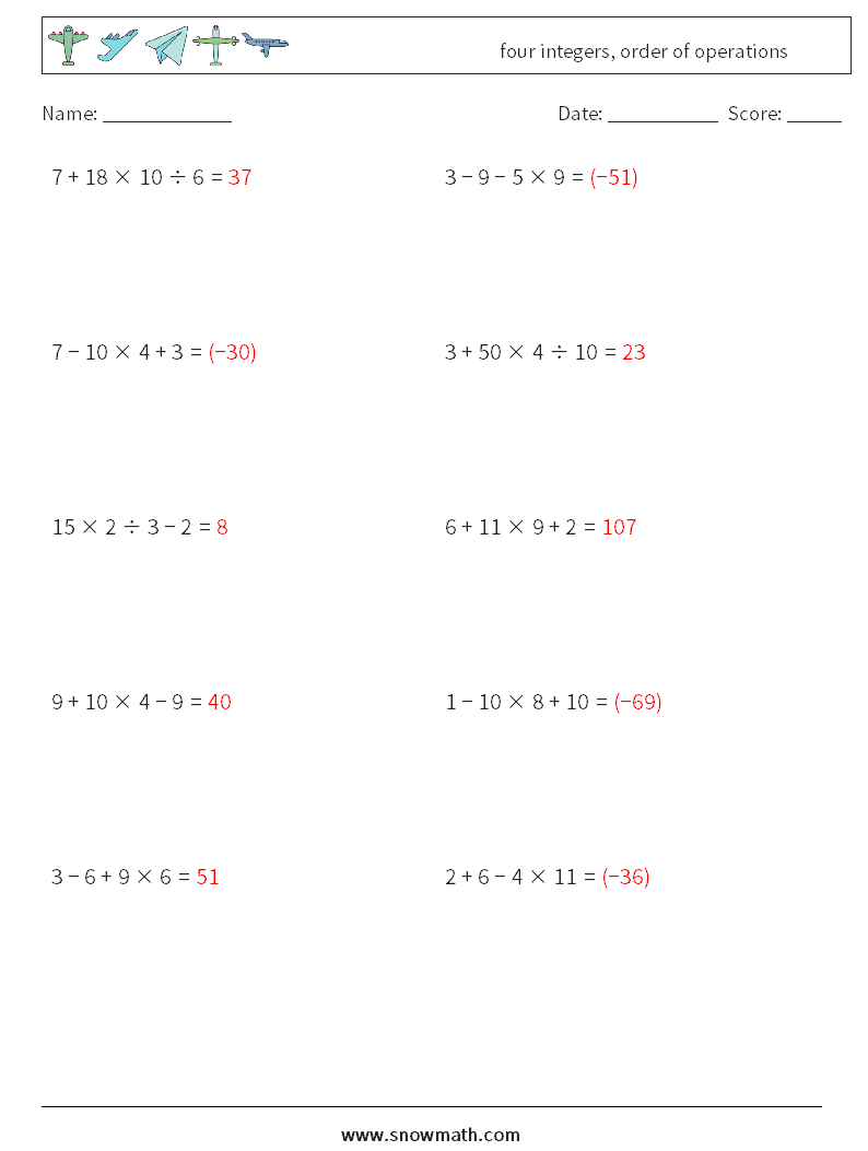 four integers, order of operations Math Worksheets 7 Question, Answer