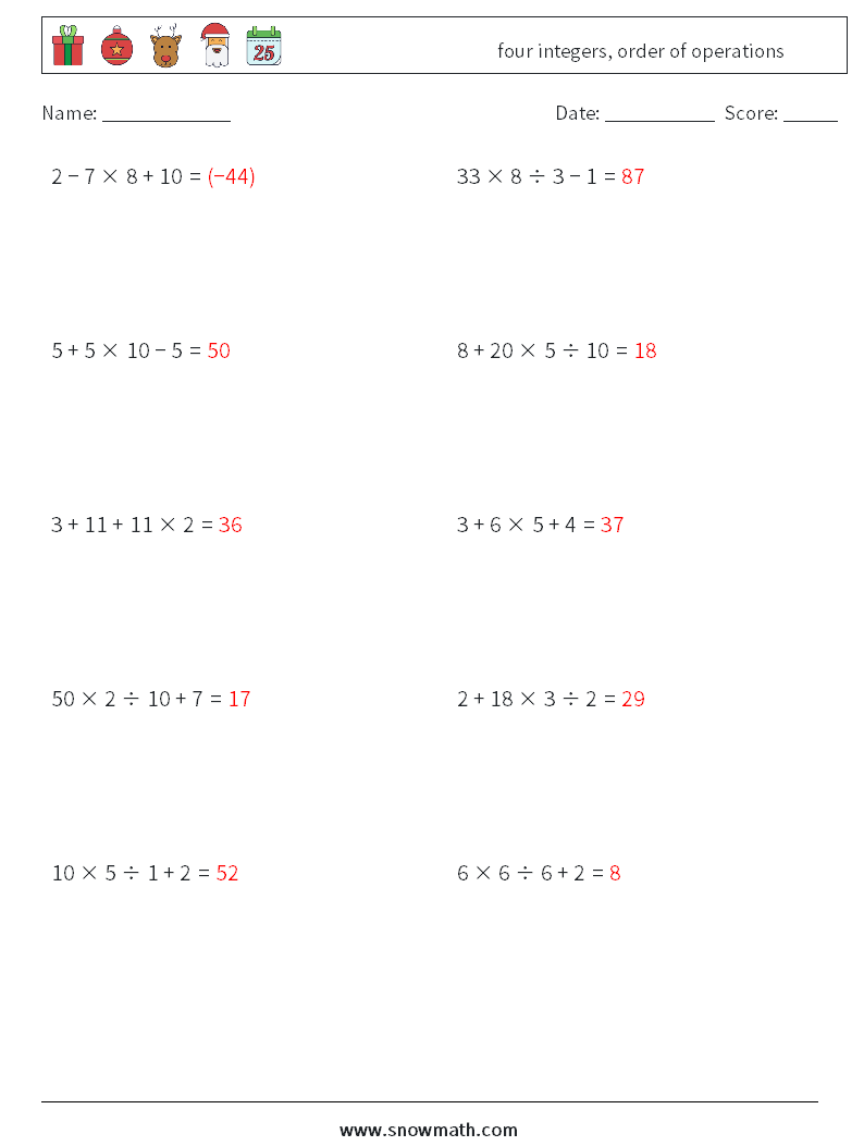 four integers, order of operations Math Worksheets 8 Question, Answer